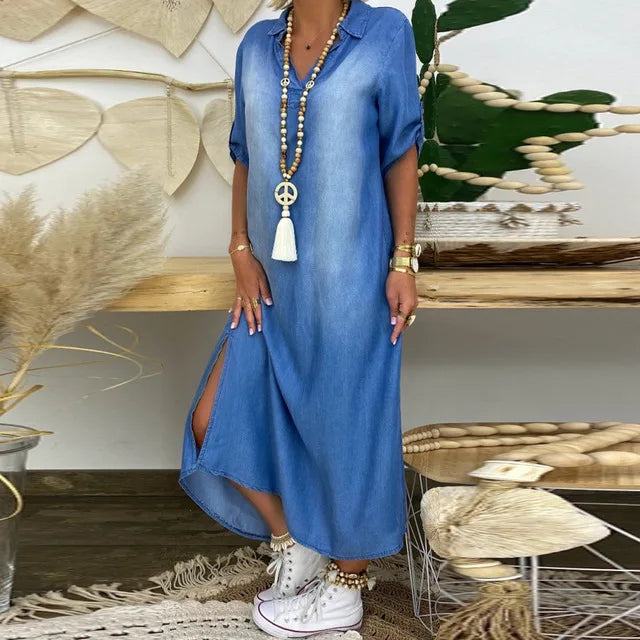 Elva™ | Lång Jeanslook Klänning med Slits