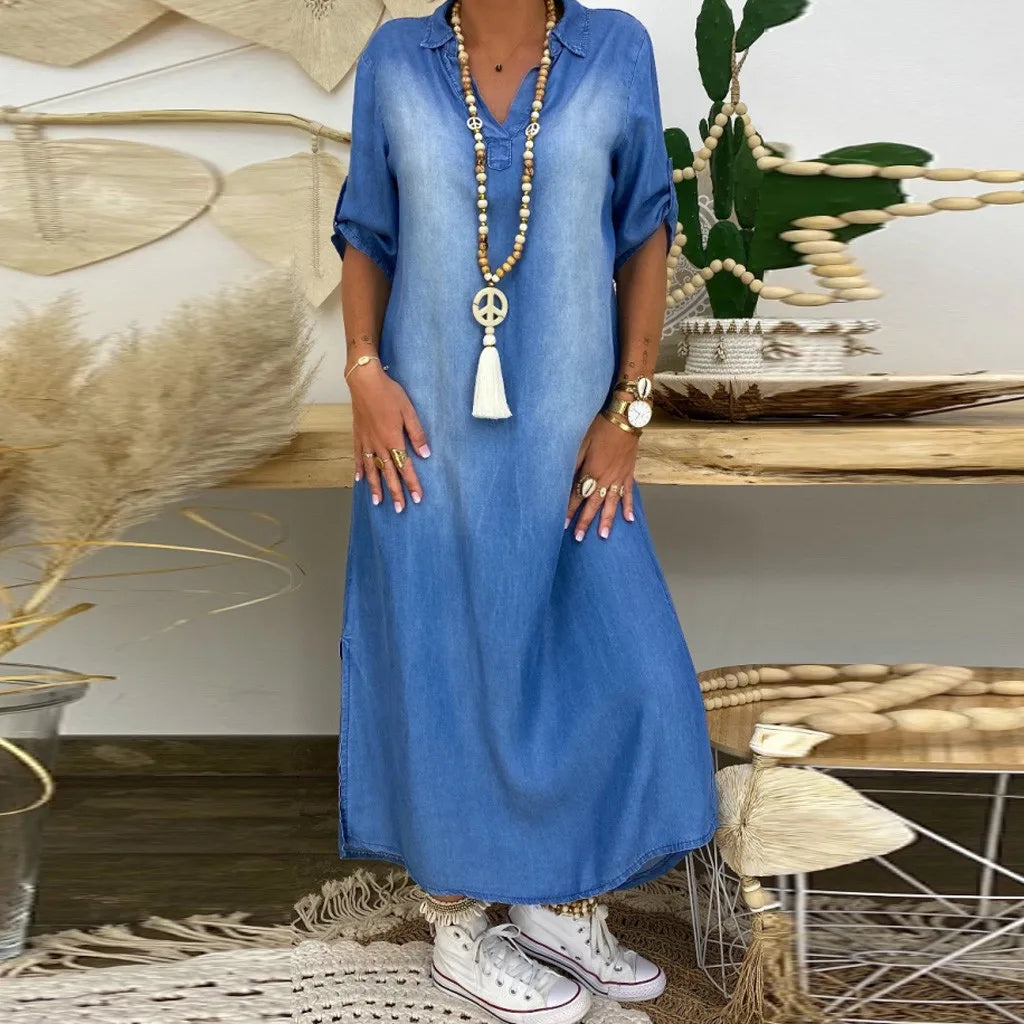 Elva™ | Lång Jeanslook Klänning med Slits
