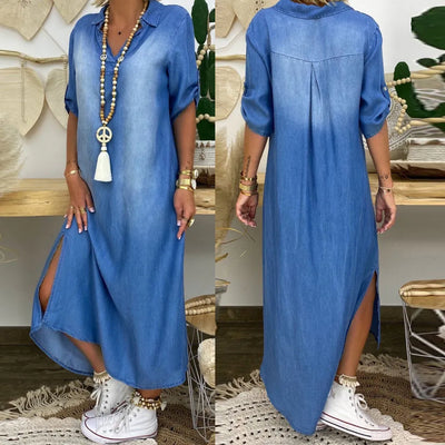 Elva™ | Lång Jeanslook Klänning med Slits
