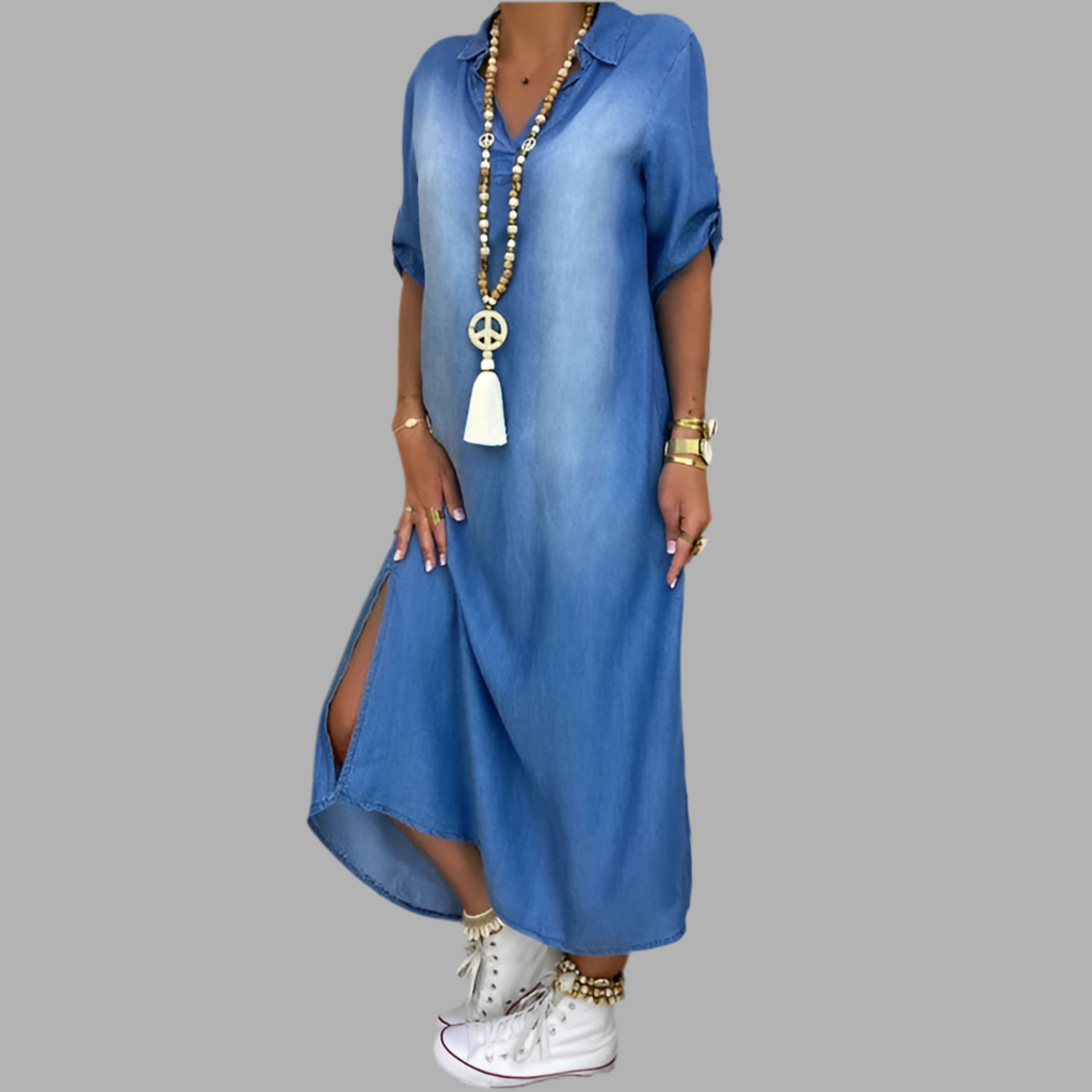 Elva™ | Lång Jeanslook Klänning med Slits